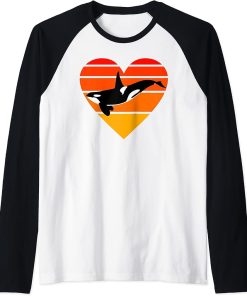 Orca Killer Whale Retro Vintage Animal Lover Sunset Orcas Raglan Baseball Tee