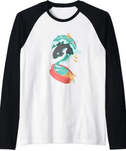 Orca Tsunami Inflatable Pool Save Ocean Wildlife Surrealism Raglan Baseball Tee