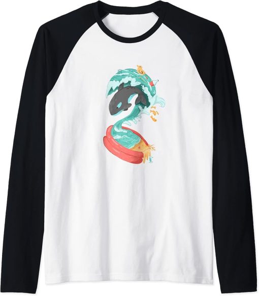 Orca Tsunami Inflatable Pool Save Ocean Wildlife Surrealism Raglan Baseball Tee