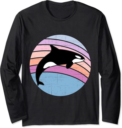 Orca Whale Retro Beach Vintage Sunset Long Sleeve T-Shirt