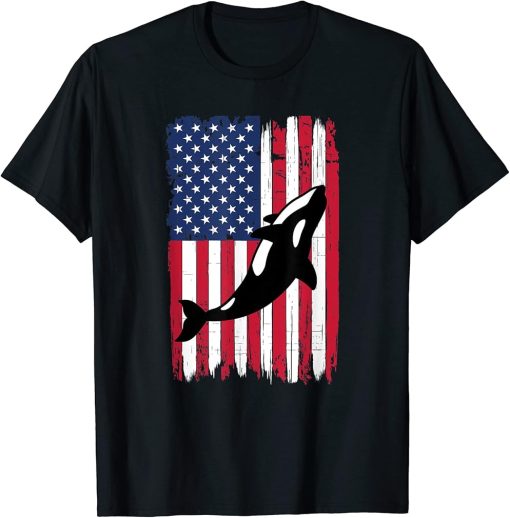 Orca Upside Down Silhouette American Flag USA Patriotic T-Shirt